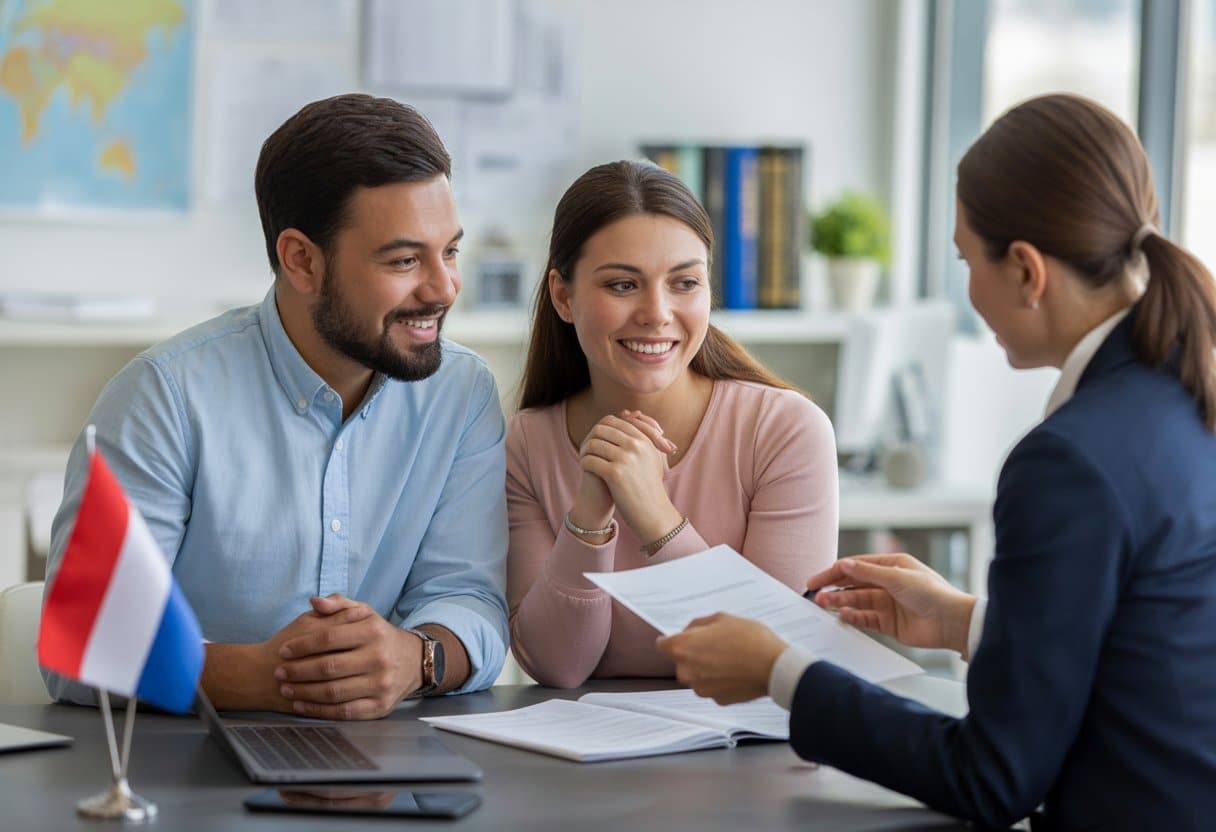 Een internationaal koppel bespreekt immigratiedocumenten met een adviseur in een kantoor.