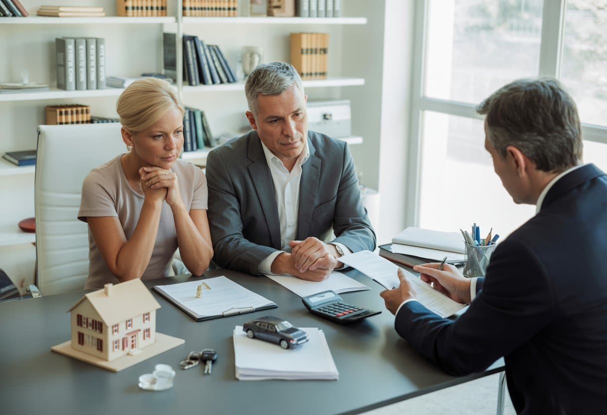 Een stel bespreekt samen met een adviseur documenten over de verdeling van bezittingen en schulden bij scheiding in een kantooromgeving.
