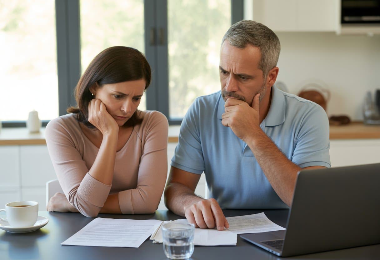 Een bezorgd uitziend stel zit aan een keukentafel met papieren en een laptop, ze bespreken verblijfsvergunningen na een echtscheiding.