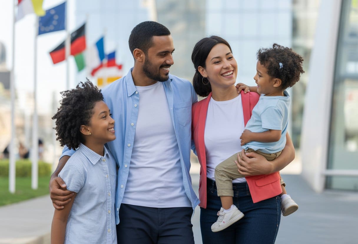 Een diverse familie van vier mensen die samen buiten staan in een stedelijke omgeving, glimlachend en warm met elkaar omgaan.