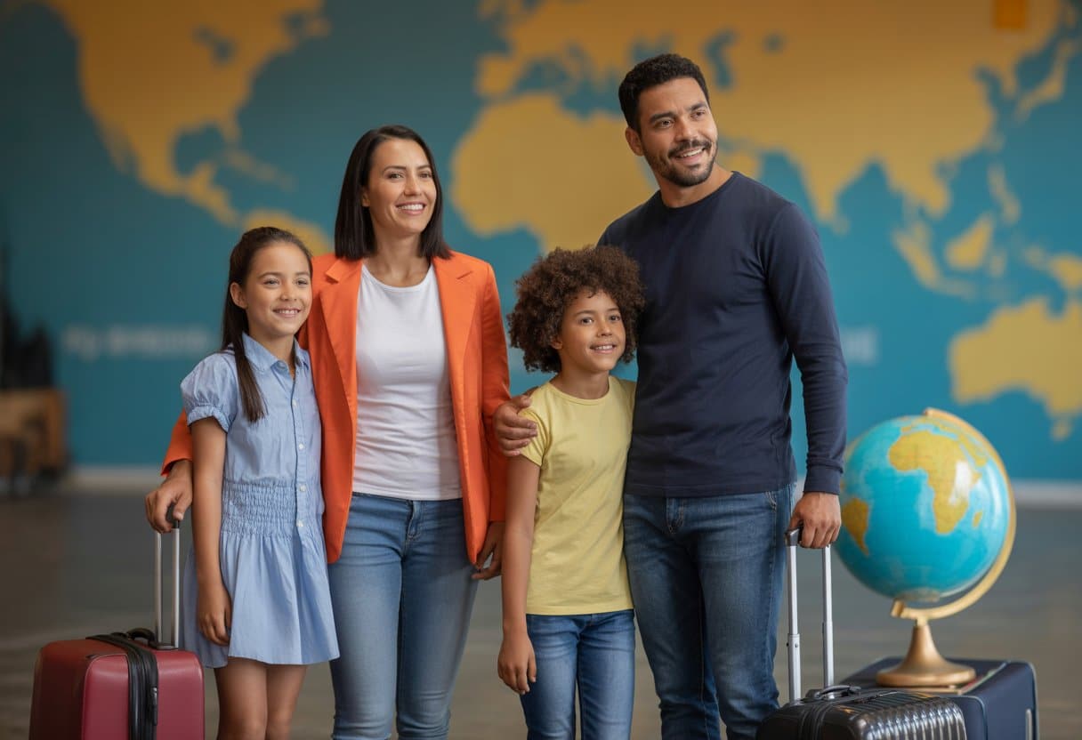 Een diverse familie van vier staat samen in een stedelijke omgeving met een wereldkaart op de achtergrond, symboliserend gezinsmigratie buiten de EU.