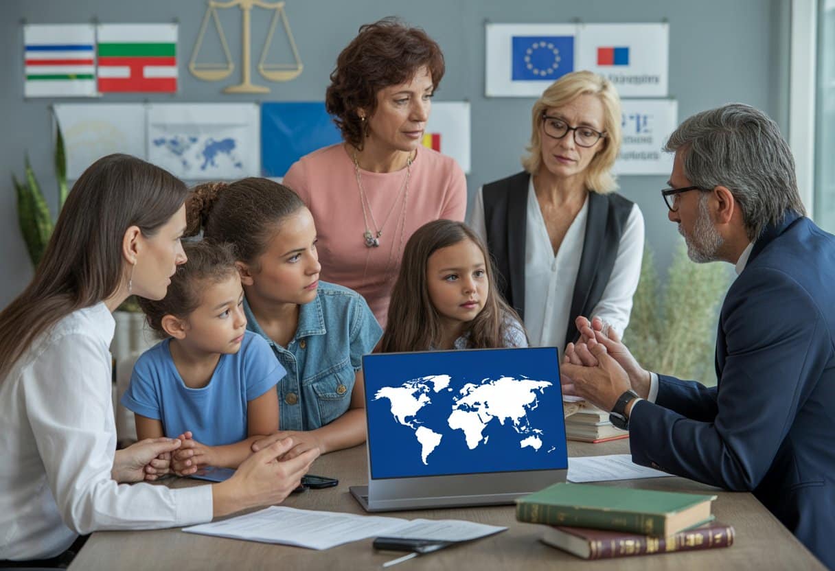 Een advocaat die een migrantenfamilie adviseert over juridische documenten in een kantooromgeving.