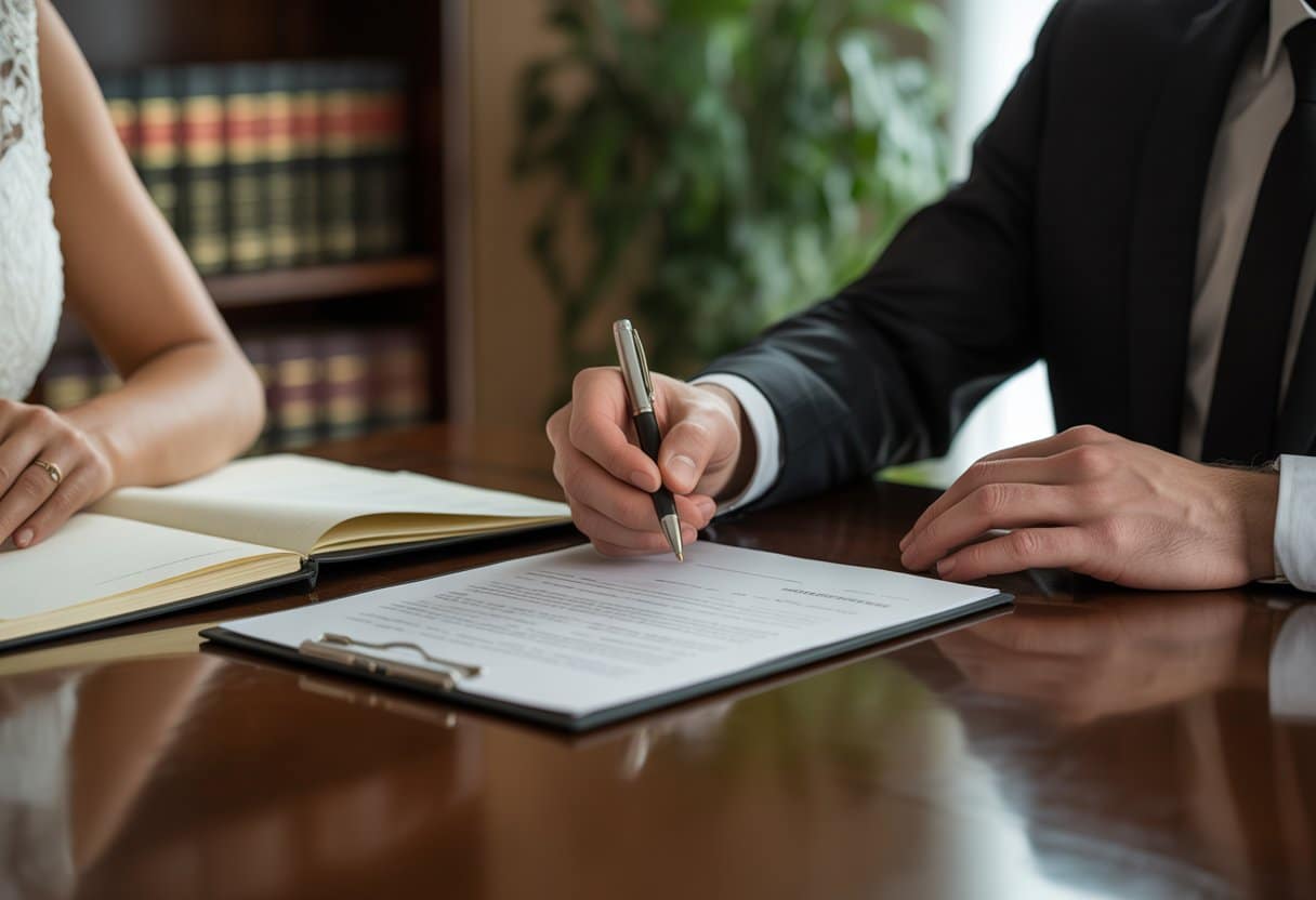 Een stel tekent samen een huwelijkscontract aan een houten tafel met juridische documenten en een pen.