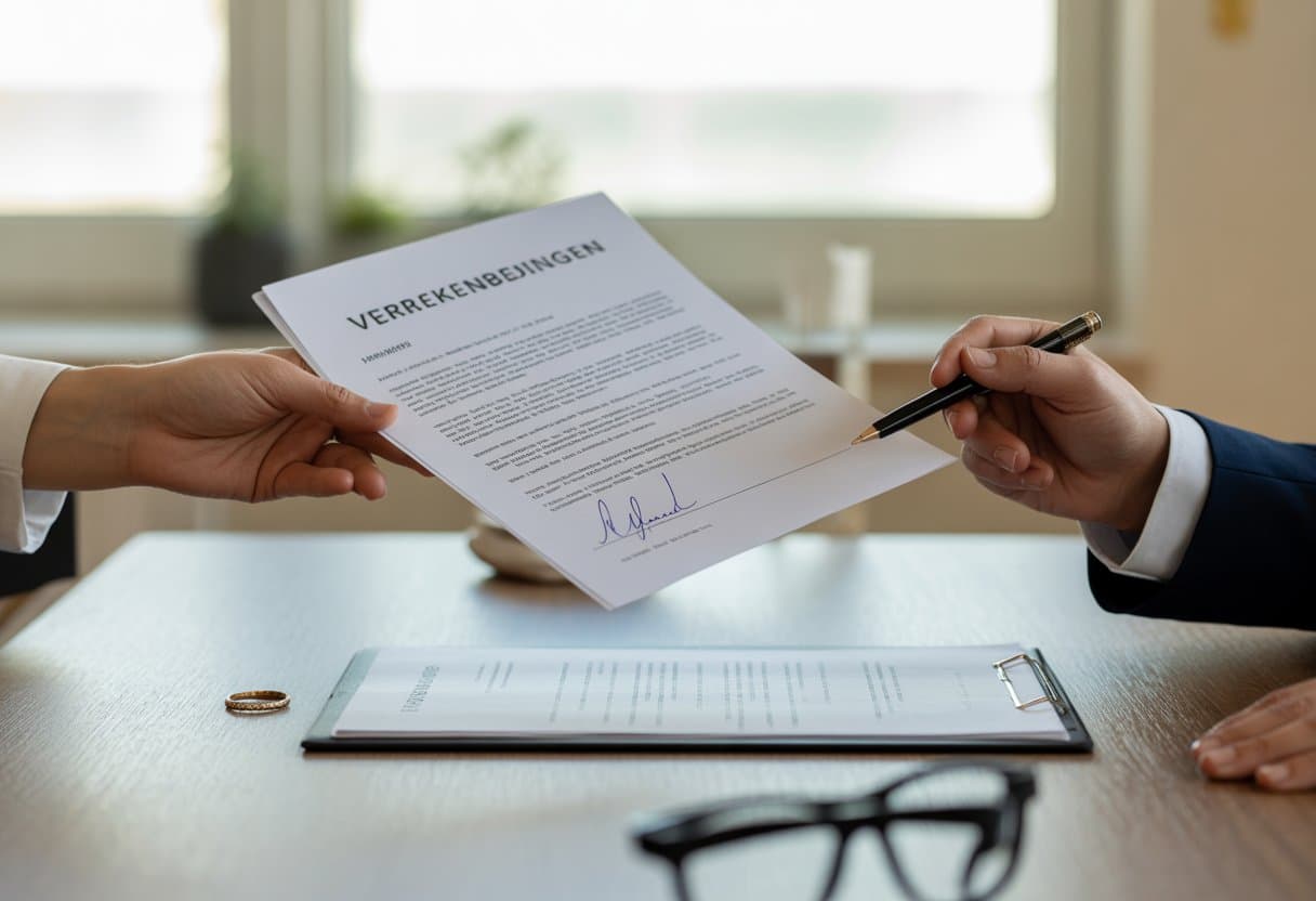 Twee handen wisselen een getekend huwelijkscontract uit op een bureau met een trouwring ernaast.