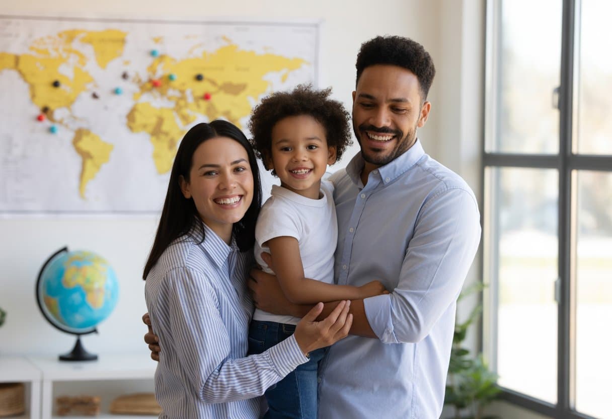 Een diverse familie die een kind liefdevol omarmt in een lichte, moderne woonkamer met een wereldkaart op de achtergrond.