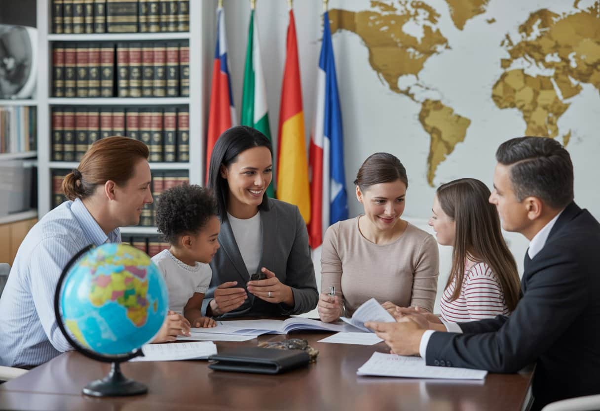 Een groep mensen in een kantoor waar een juridisch adviseur documenten bespreekt met een internationaal adoptiegezin.
