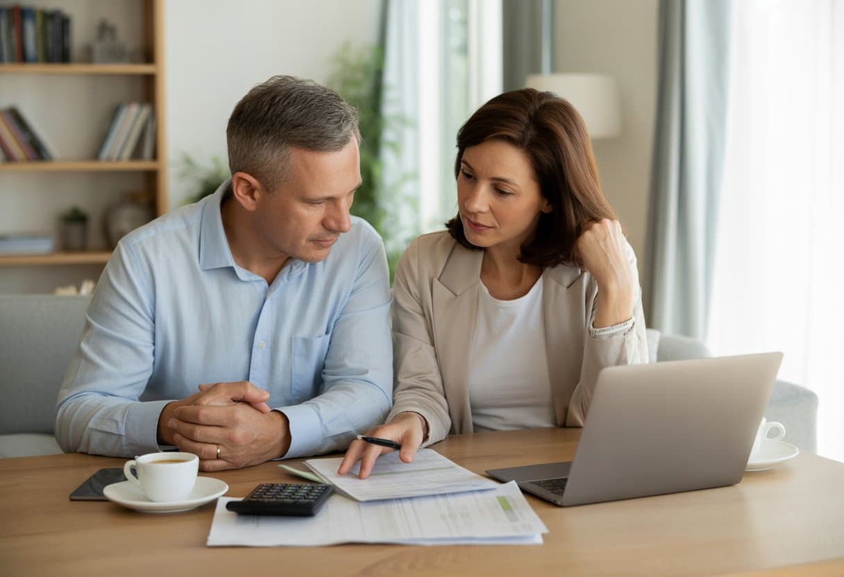 Een stel dat samen aan een tafel zit en financiële documenten bekijkt in een lichte woonkamer.