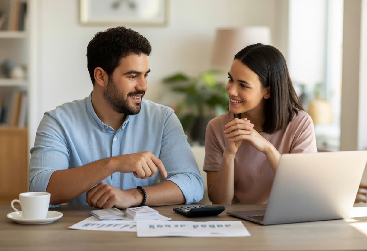 Een stel zit samen aan een tafel, bespreekt financiën met een laptop en documenten voor zich.