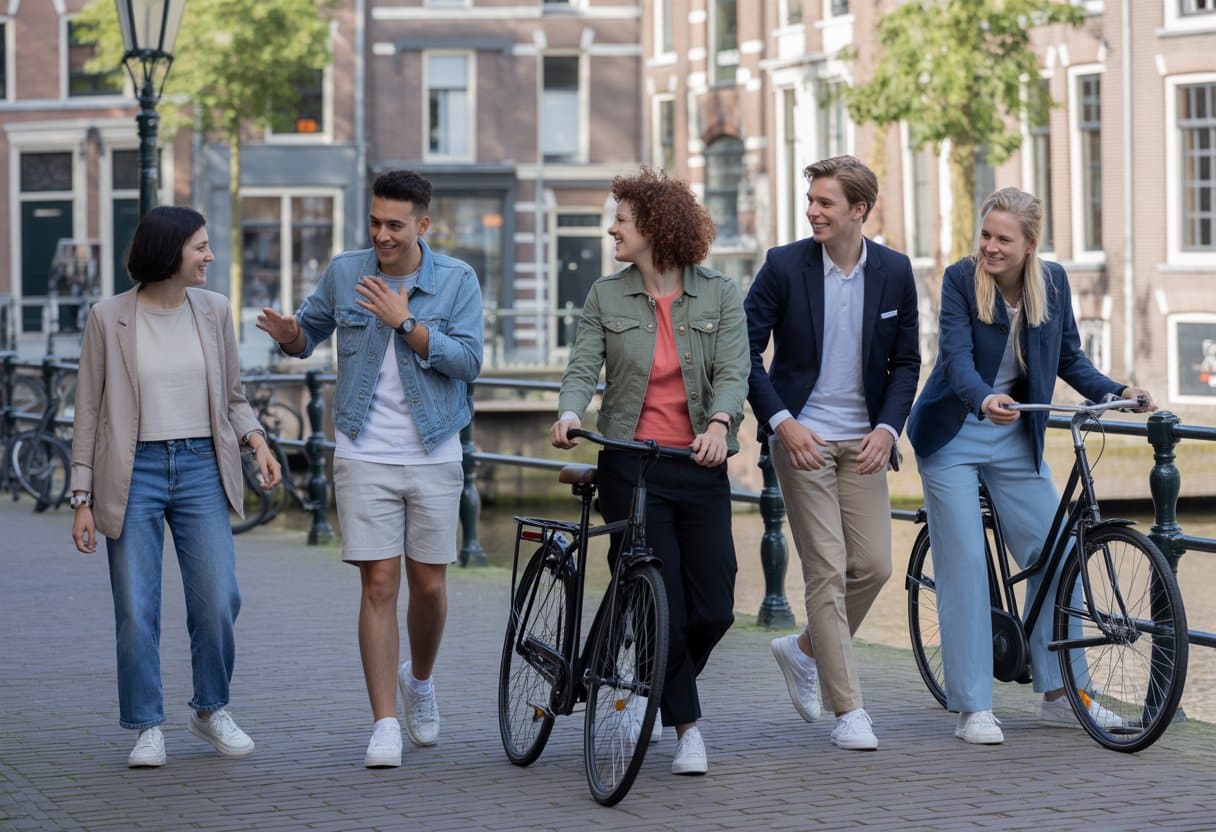 Een diverse groep mensen in een stedelijke omgeving in Nederland, samen buiten bij fietsen en typisch Nederlandse gebouwen.
