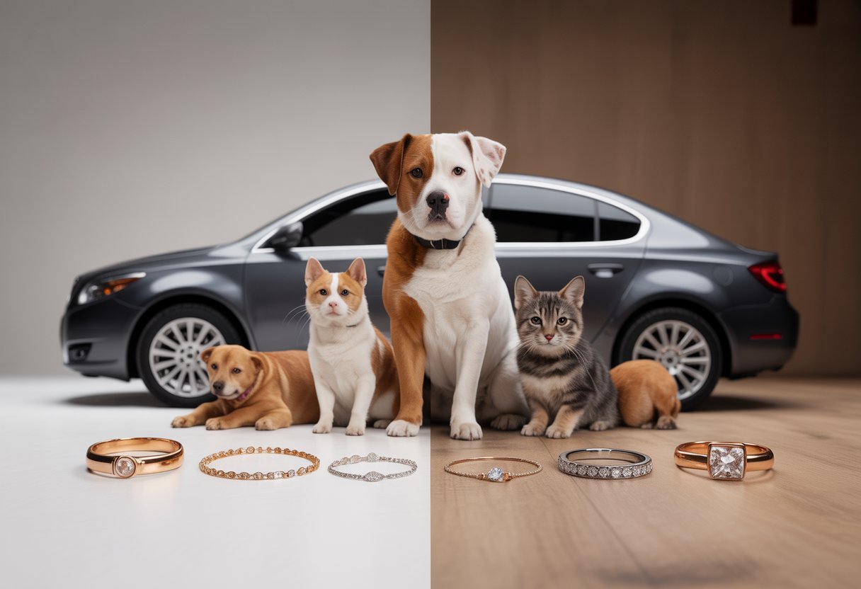 Een afbeelding met een auto, huisdieren zoals een hond en een kat, en sieraden die samen de belangrijke kwesties bij een scheiding laten zien.