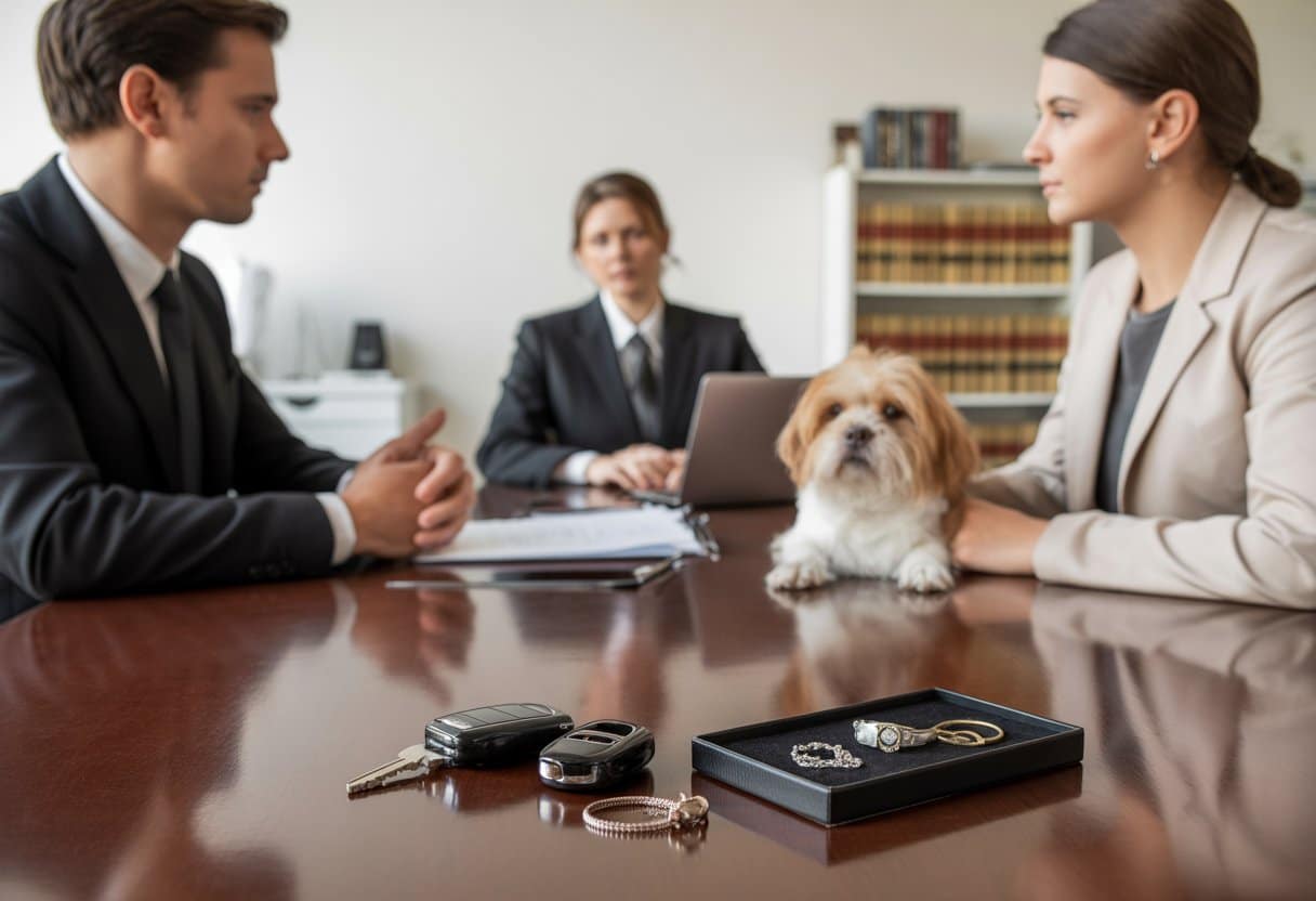 Een man en vrouw zitten tegenover een advocaat aan een tafel met autosleutels, sieraden en een hond, in een kantooromgeving.
