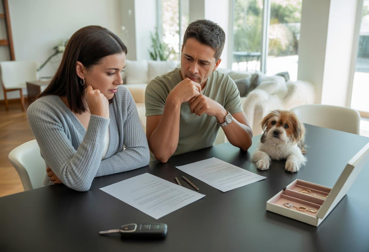 Een stel zit aan een tafel in een woonkamer en bespreekt documenten, met een hond naast hen, autosleutels en een sieradendoosje op tafel.