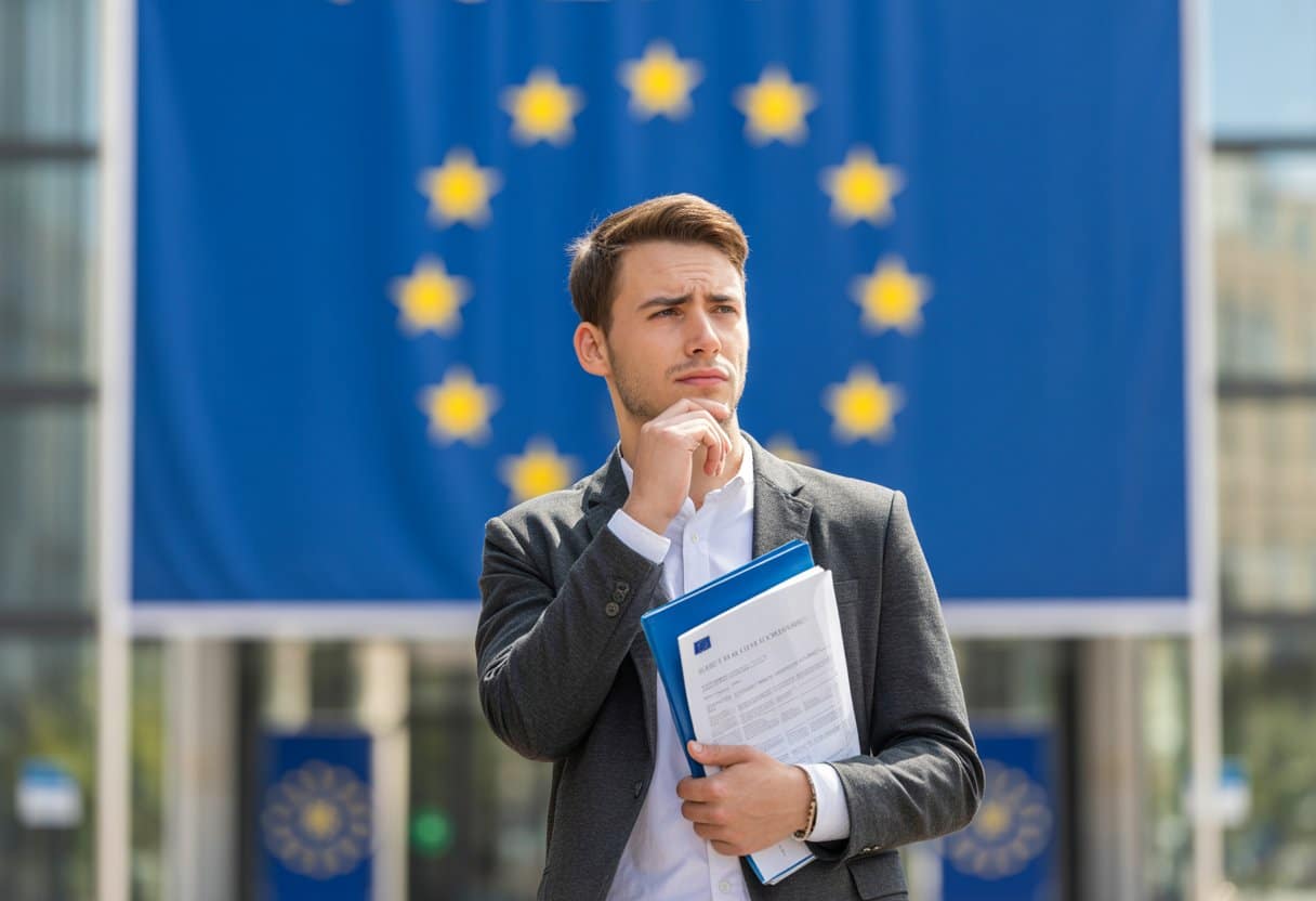 Een jonge Europese man staat nadenkend voor een Europese Unie vlag met documenten in zijn hand, voor een modern gebouw.
