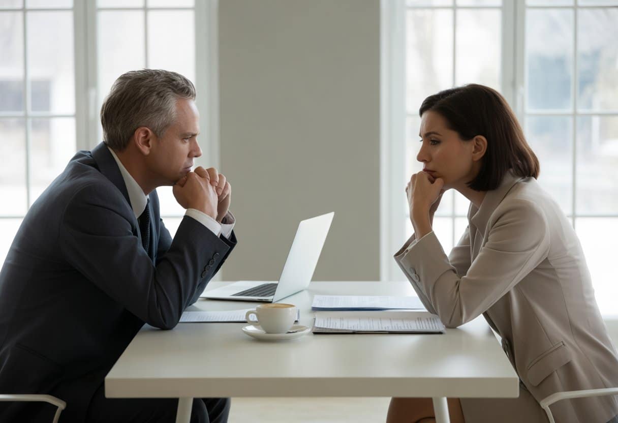 Een man en vrouw zitten tegenover elkaar aan een kantoortafel, beiden kijken serieus en professioneel terwijl ze documenten bespreken.