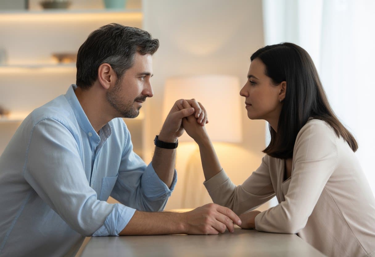 Een stel zit rustig aan tafel en voert een respectvol gesprek in een lichte woonkamer.