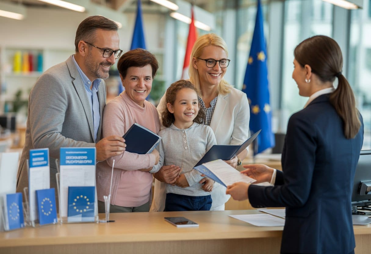 Een diverse familie van EU-burgers en hun familieleden die in een modern kantoor zitten en praten met een vriendelijke medewerker over verblijfsdocumenten.