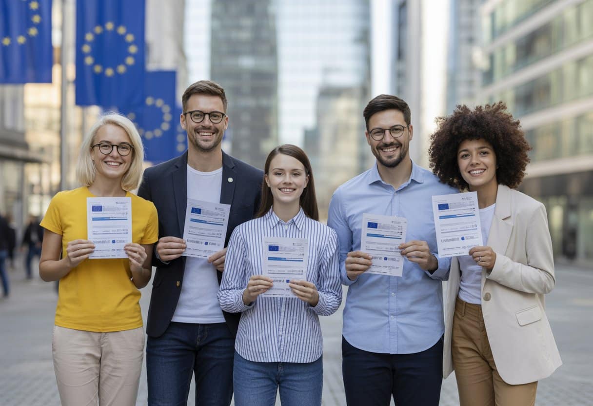 Een diverse familie van EU-burgers en hun familieleden staan samen buiten in een stedelijke omgeving, glimlachend en met officiële documenten in de hand.