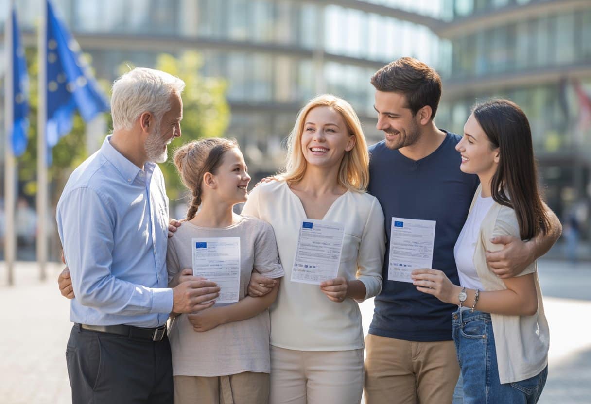 Een diverse Europese familie van verschillende generaties staat samen buiten in een stedelijke omgeving, lachend en met documenten in hun handen.