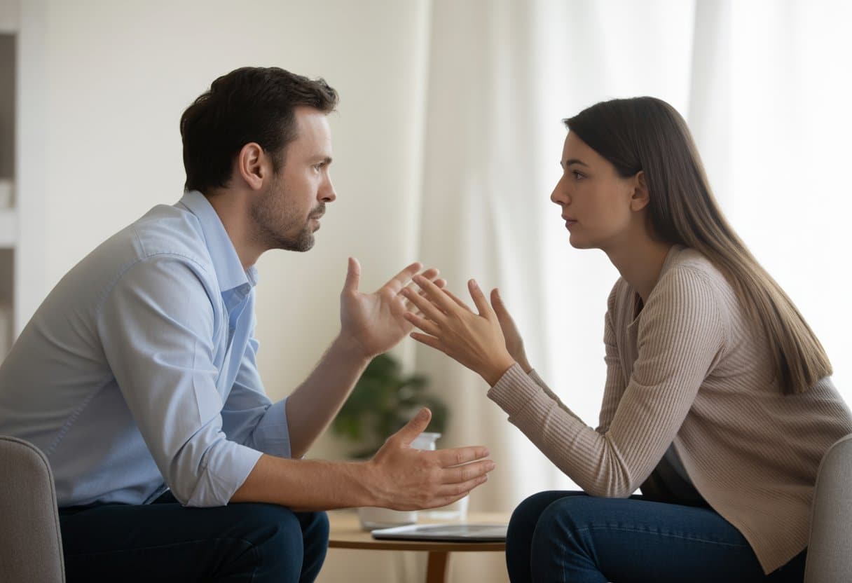 Twee volwassenen zitten tegenover elkaar aan een tafel en voeren een rustige en respectvolle gesprekssituatie.