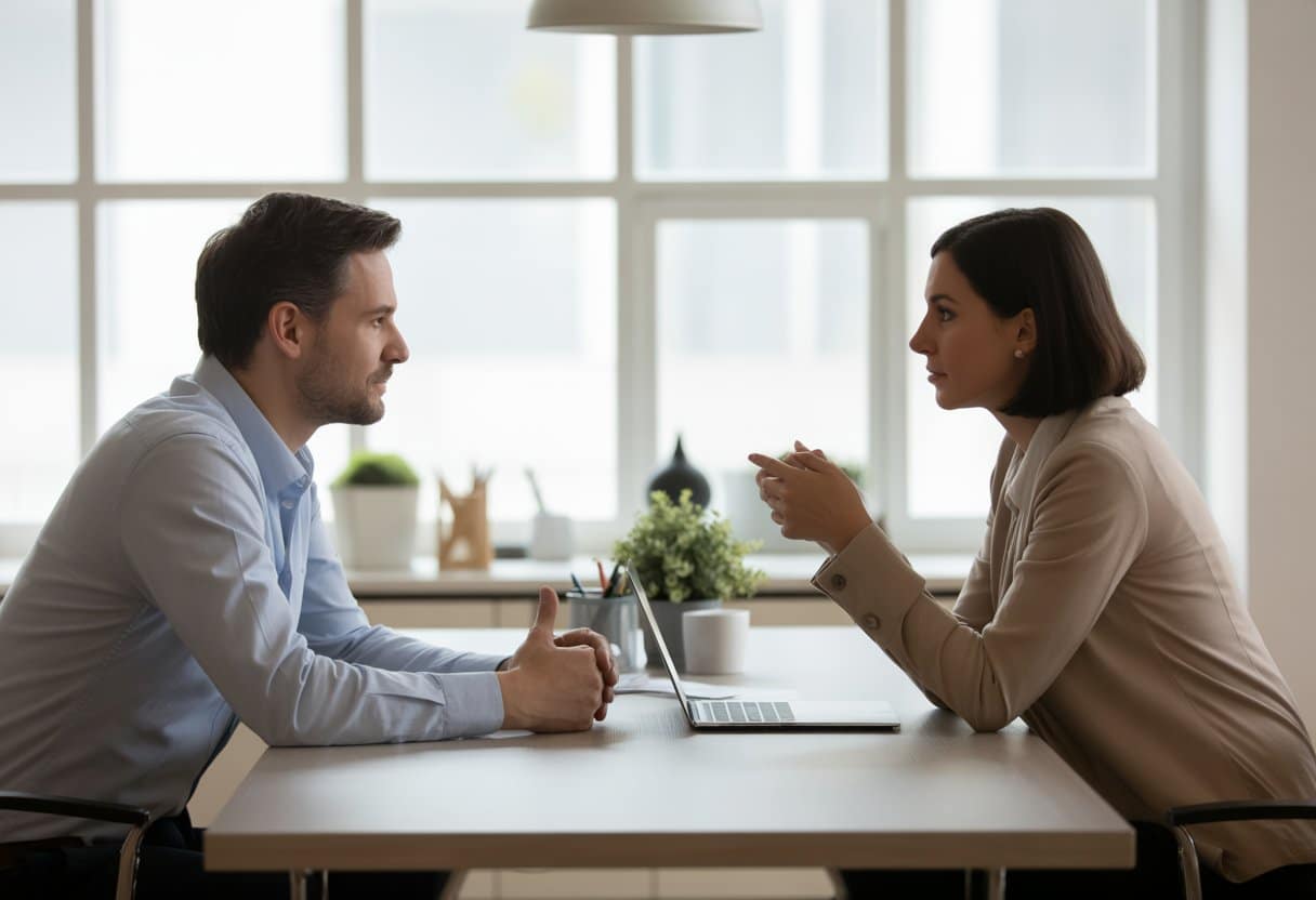 Twee volwassenen zitten rustig tegenover elkaar aan een tafel en voeren een respectvol gesprek.
