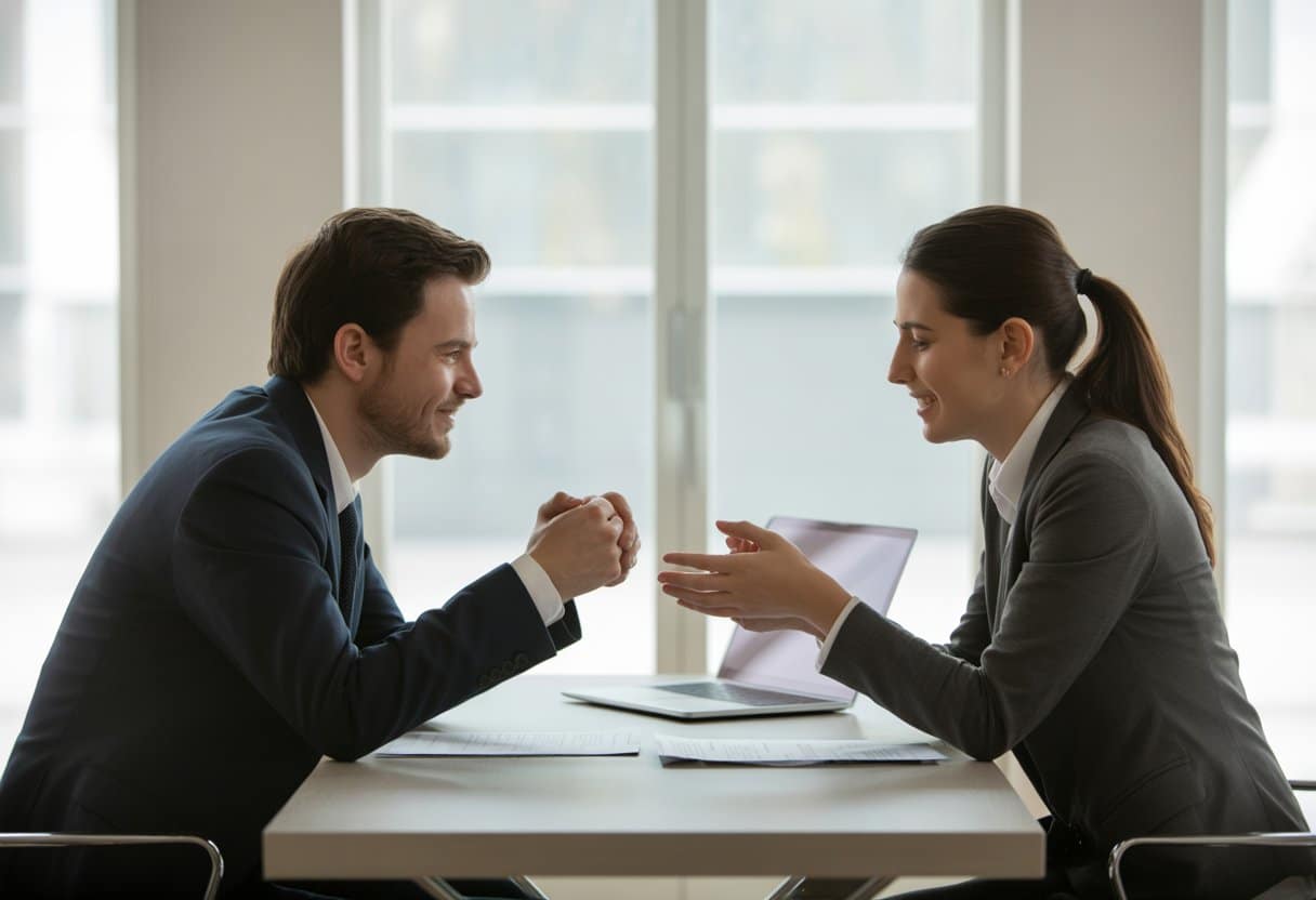 Twee partners zitten aan een bureau en voeren een rustig en constructief gesprek.