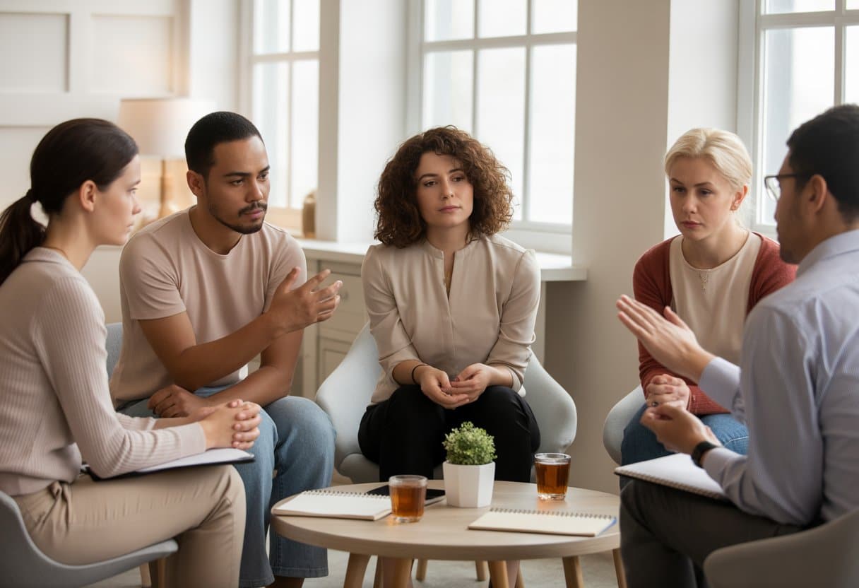 Vijf volwassenen zitten in een moderne kantoorruimte en praten met een counselor, elk toont verschillende emoties die horen bij een echtscheiding.