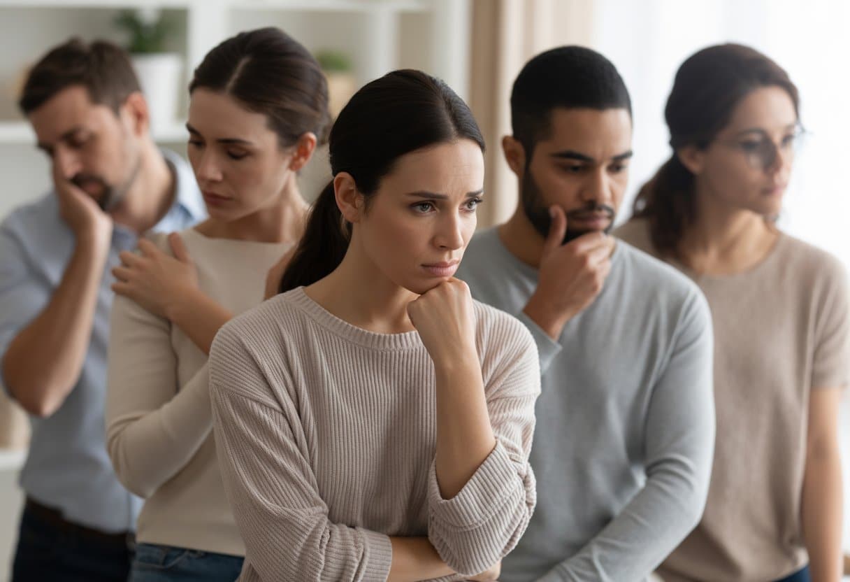 Vijf mensen die verschillende emoties tonen die horen bij het rouwproces van een echtscheiding, elk met een eigen lichaamstaal en gezichtsuitdrukking in een rustige binnenruimte.