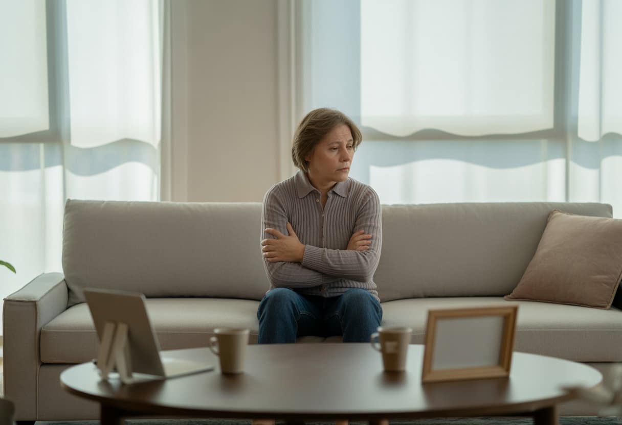Een persoon zit alleen op een bank in een lichte woonkamer, met een afstandelijke blik en armen over elkaar, wat ontkenning en emotionele worsteling uitdrukt.