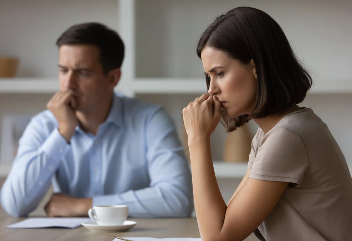Twee volwassenen zitten gespannen aan een tafel, kijken niet naar elkaar, tijdens een moeilijke scheidingsbespreking.
