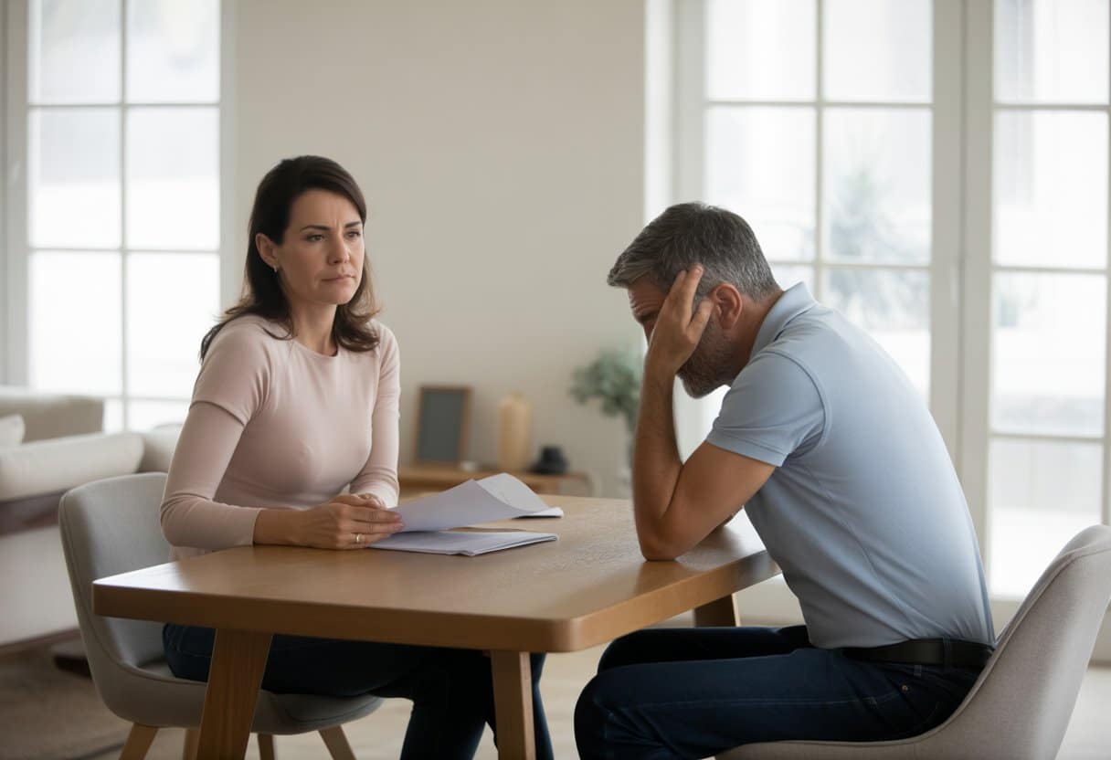 Een man en vrouw zitten aan een tafel, de vrouw kijkt vastberaden met papieren in haar hand, de man kijkt afwijzend weg.