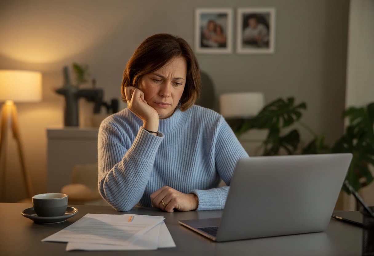 Een persoon zit aan een bureau in een huiselijke kamer, kijkt nadenkend naar een laptop met papieren en een kop koffie erbij.