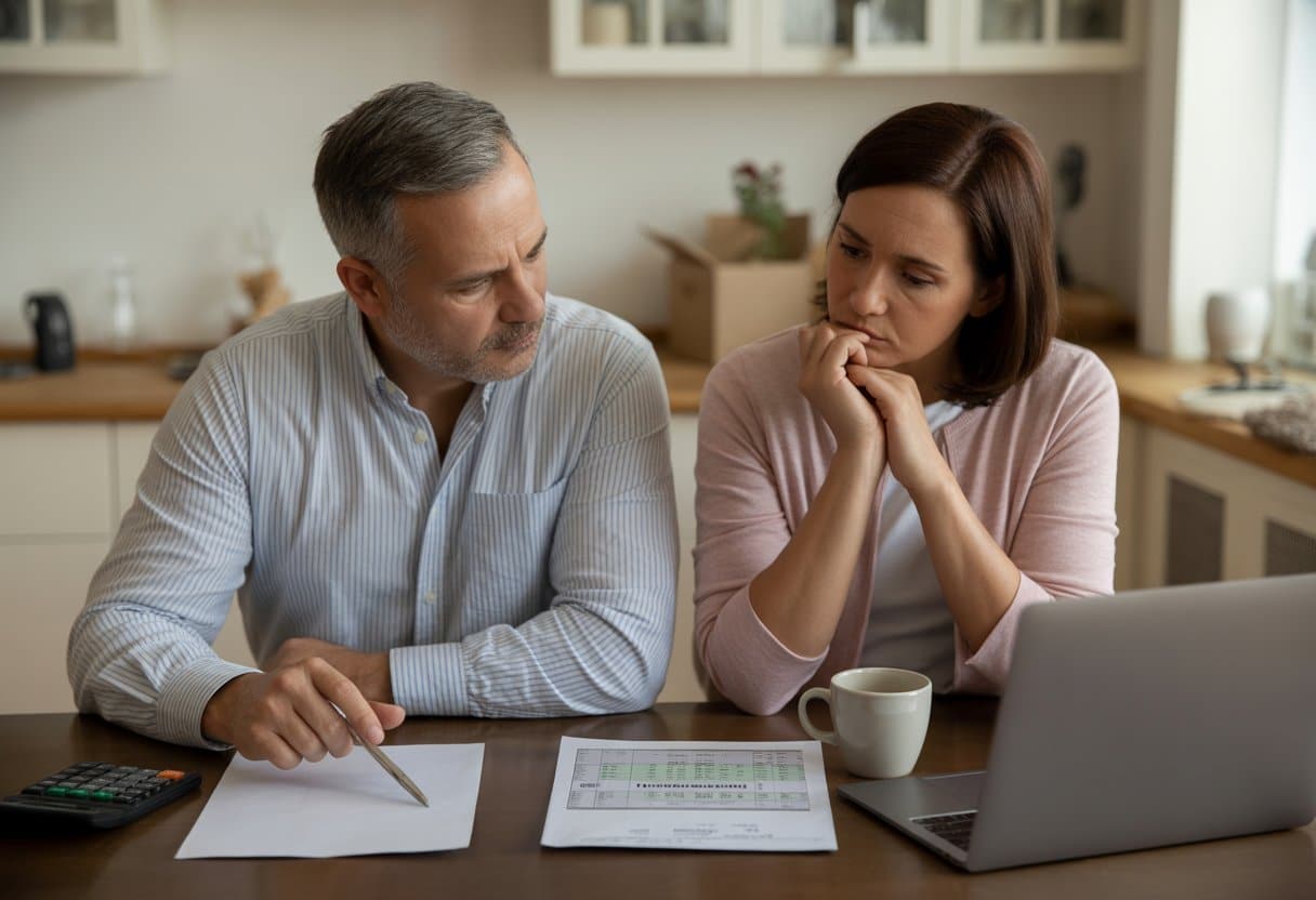 Een man en vrouw zitten aan een keukentafel en bekijken samen financiële documenten met een laptop en rekenmachine.