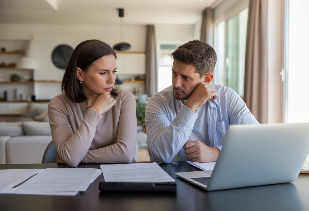 Een serieus pratend stel zit aan een tafel met documenten en een laptop in een lichte, moderne woning.