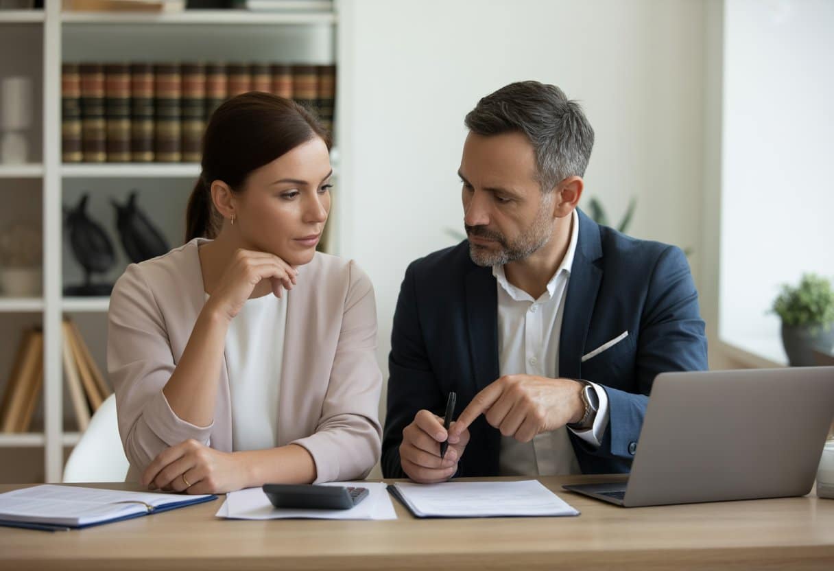 Een man en vrouw zitten aan een tafel met documenten en een laptop, ze bespreken financiële zaken tijdens een scheiding.