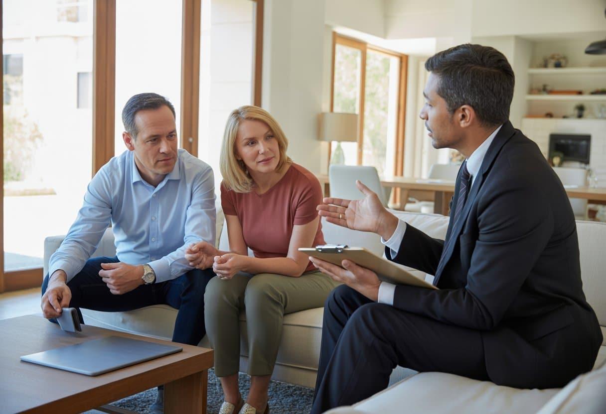 Een makelaar bespreekt de waardebepaling van een woning met een stel in een woonkamer.