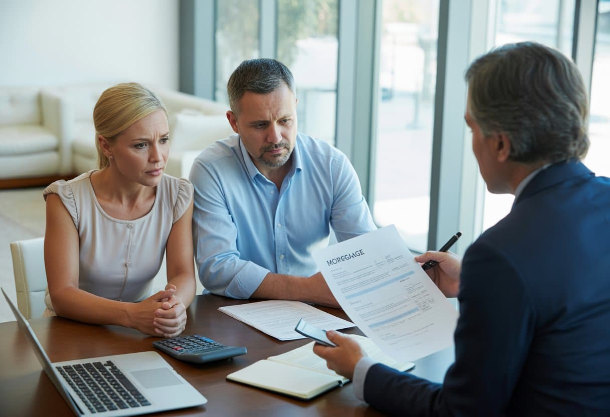 Een stel in gesprek met een financieel adviseur aan een bureau in een kantoor.