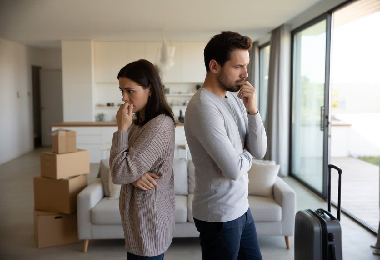Een man en een vrouw staan in een moderne woonkamer, duidelijk in een moeilijke situatie over wie in de huurwoning blijft en wie moet vertrekken.