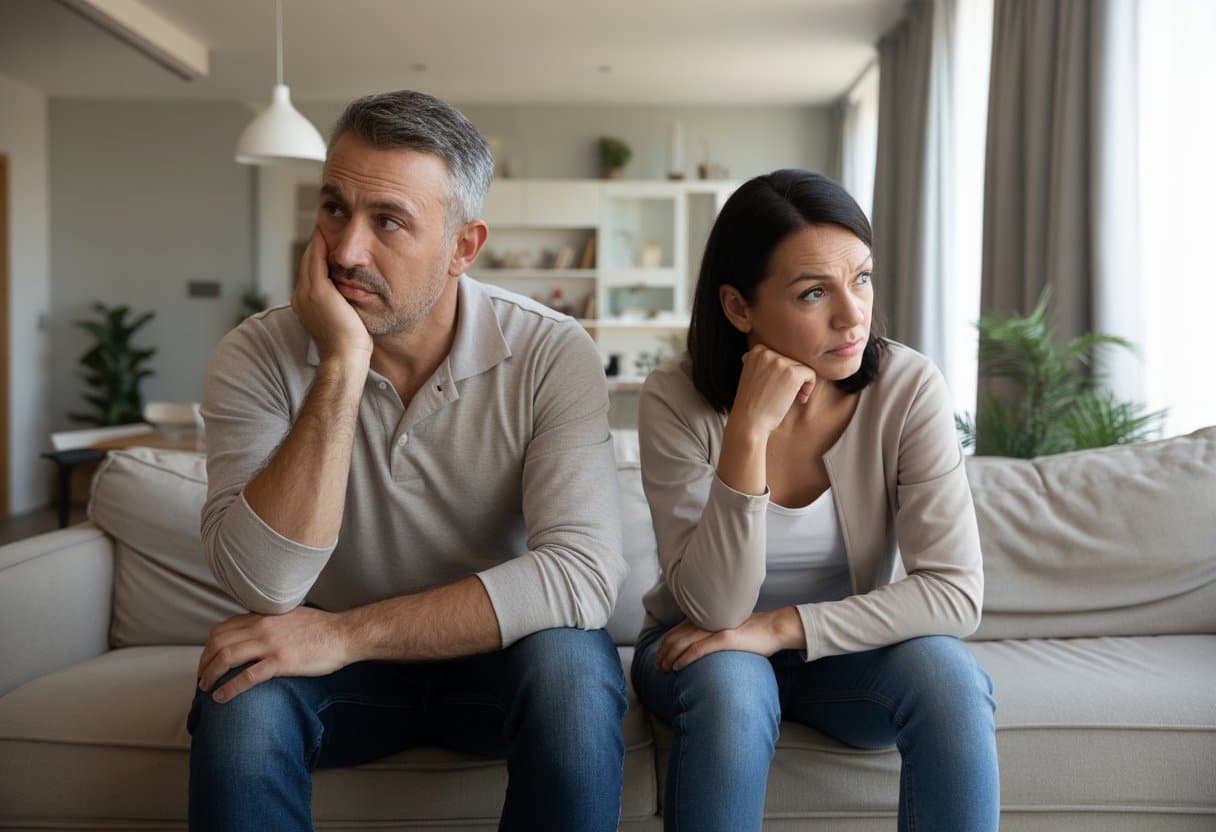 Een man en vrouw zitten in een woonkamer en kijken bezorgd en nadenkend, duidelijk in een situatie van scheiding en huisvesting.