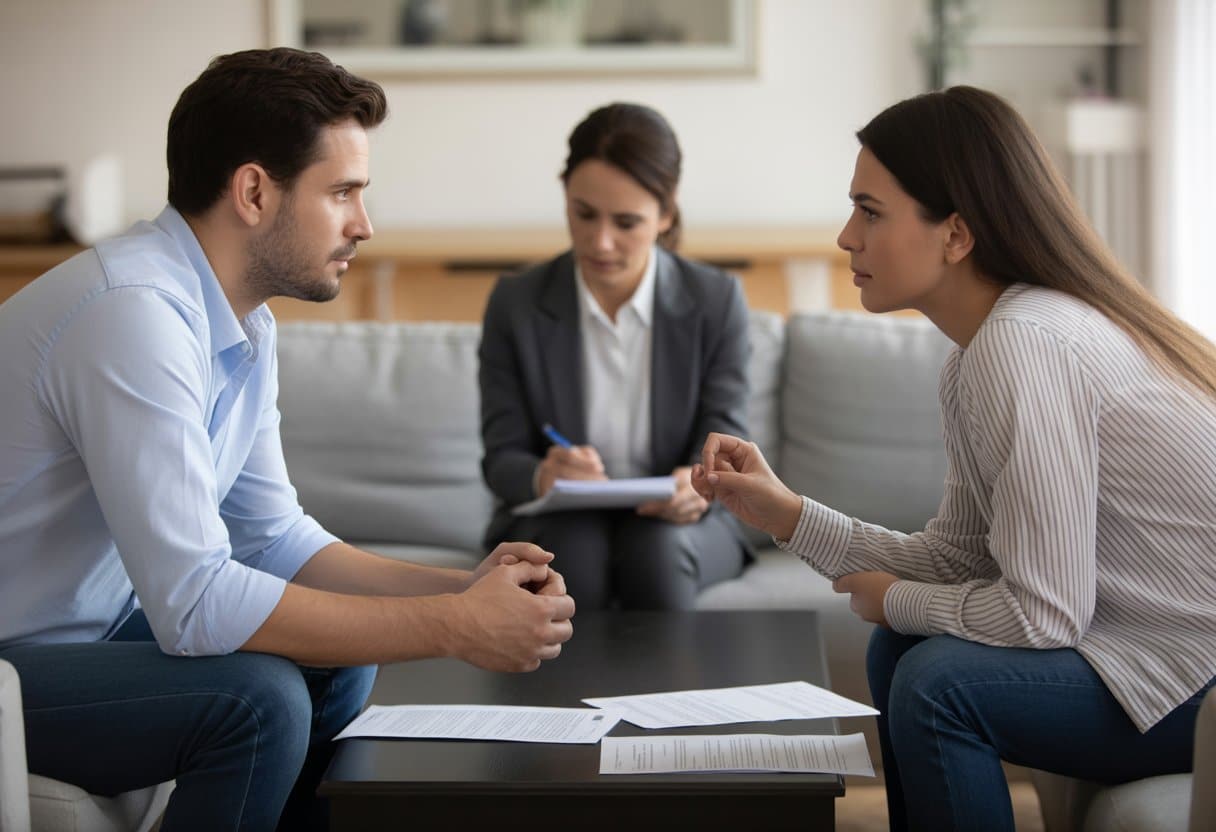 Een gescheiden stel bespreekt hun huurwoning met een bemiddelaar in een woonkamer.