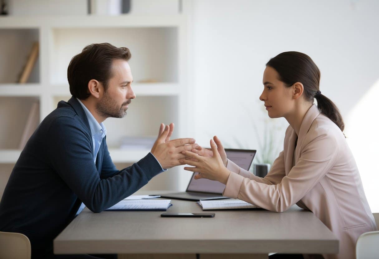 Twee volwassenen zitten aan een tafel in een kantoor en voeren een serieus maar respectvol gesprek.