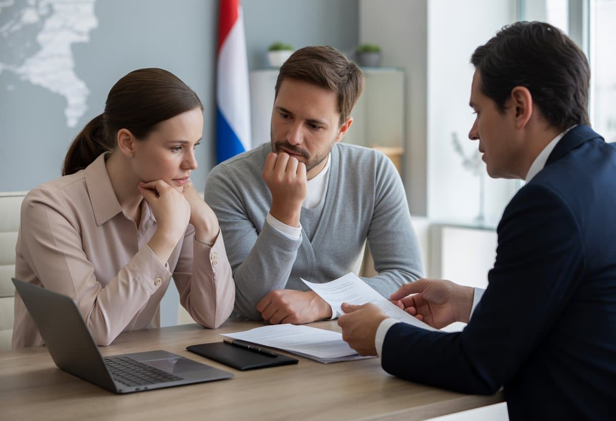 Een Nederlands stel zit tegenover een advocaat aan een bureau, bezig met een gesprek over een echtscheiding.