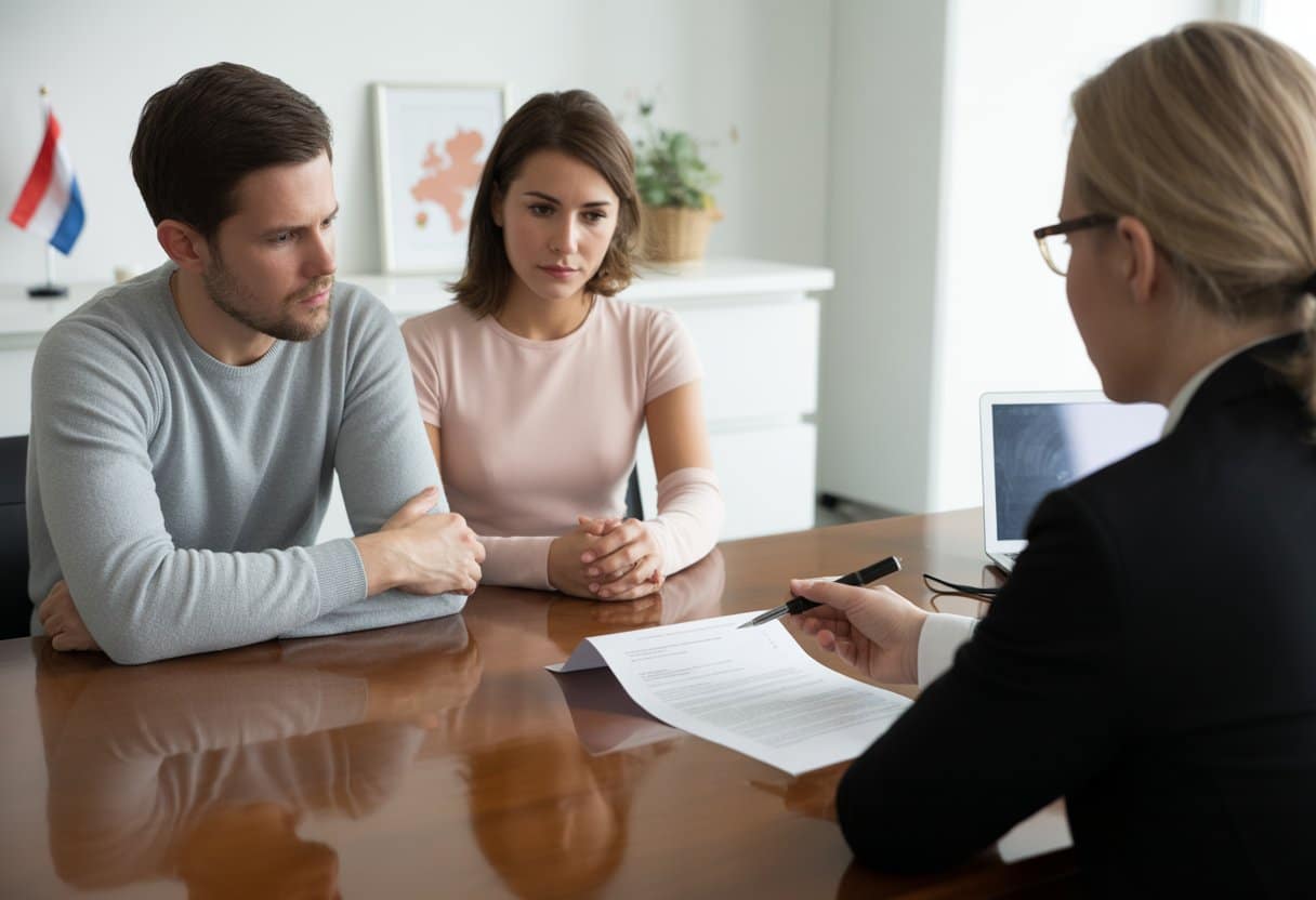 Een man en vrouw zitten tegenover een mediator aan een tafel met documenten in een kantoor, ze bespreken een echtscheidingsprocedure.