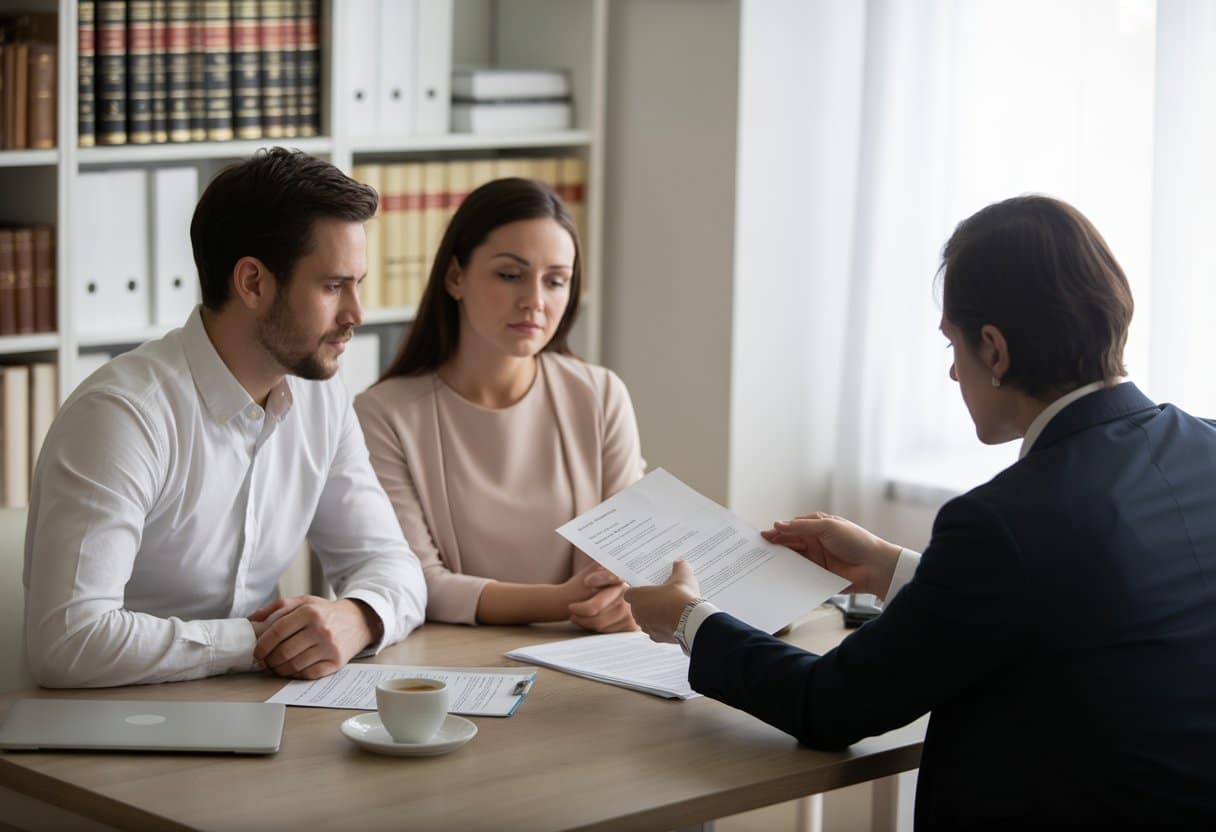 Hoe lang duurt een echtscheidingsprocedure eigenlijk? Uitleg, stappen en factoren 2 Een man en vrouw zitten tegenover een mediator in een kantoor en bespreken documenten over een echtscheiding.