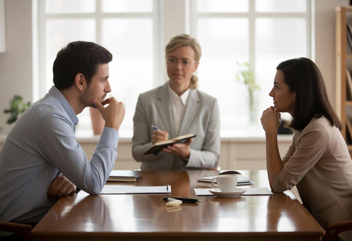 Een man en een vrouw zitten aan een tafel met een mediator die hen helpt bij een gesprek over een echtscheiding in een rustige kantooromgeving.