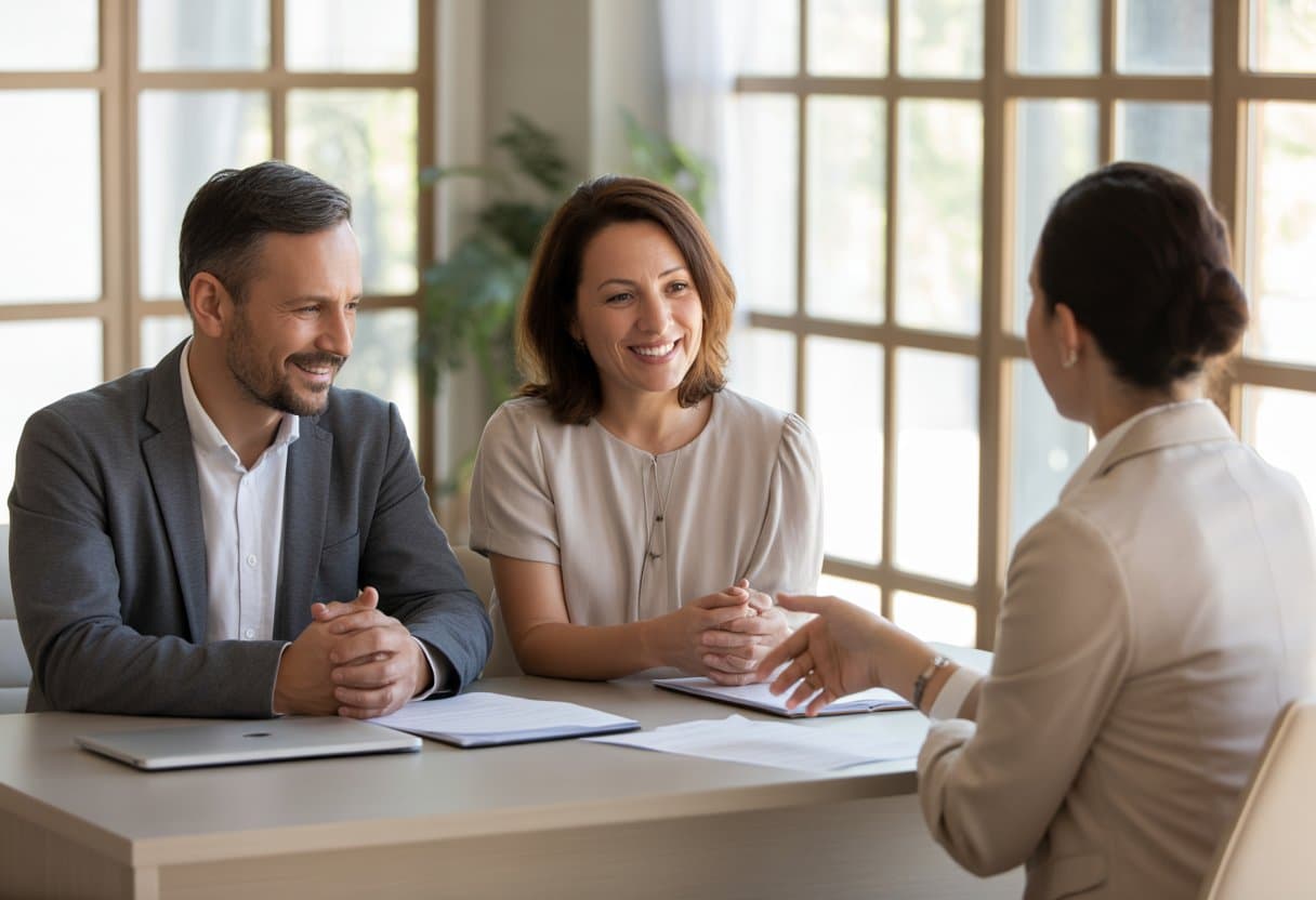 Een man en vrouw zitten samen met een mediator aan een bureau in een lichte kantoorruimte en voeren een rustige en vriendelijke bespreking.