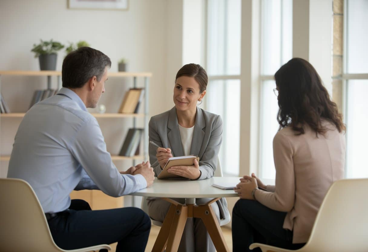 Drie volwassenen zitten aan een tafel in een lichte kantoorruimte, een man en vrouw tegenover elkaar met een mediator tussen hen in, in gesprek.
