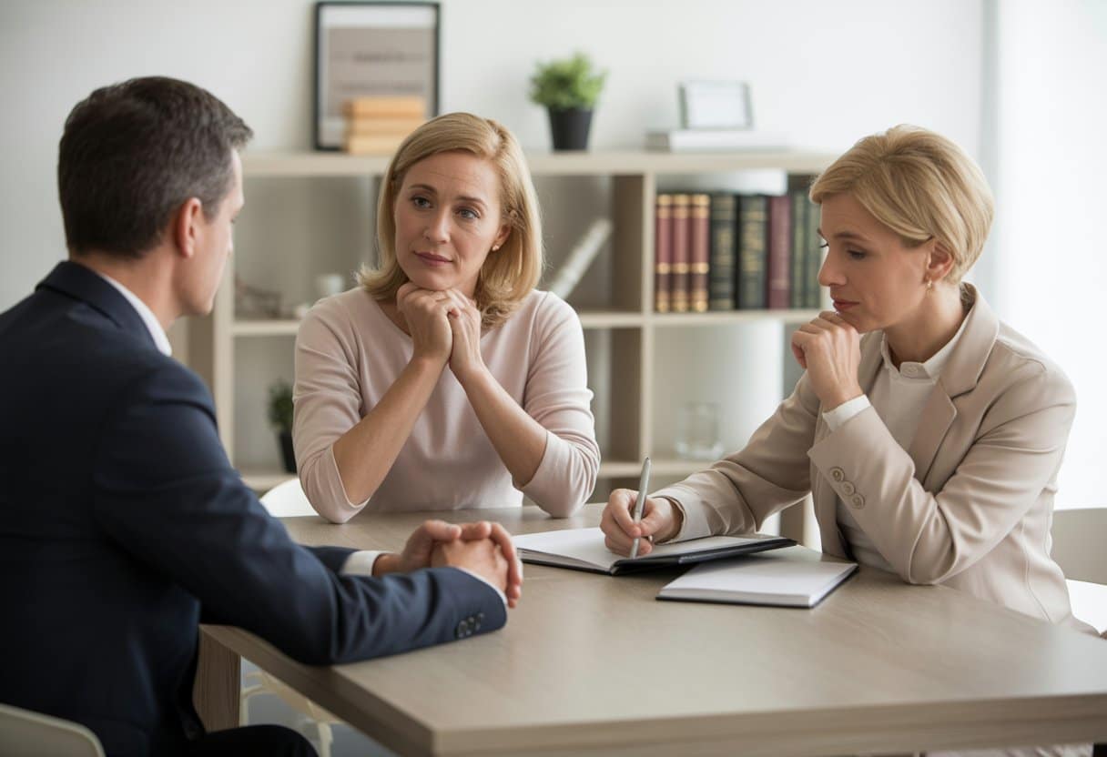Een man en vrouw zitten tegenover een mediator aan een tafel in een kantoor, in een rustige en professionele setting.