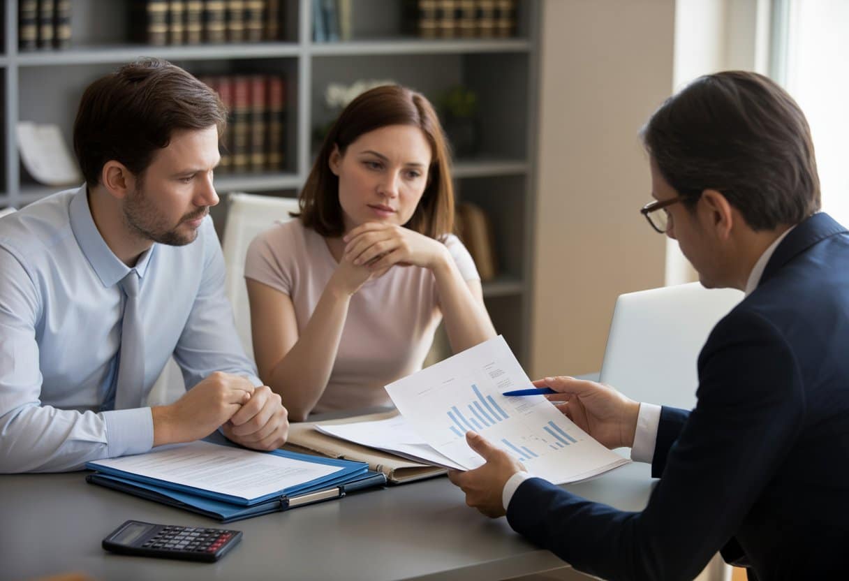 Twee volwassenen praten met een adviseur aan een bureau over juridische en financiële zaken bij schulden en scheiding.