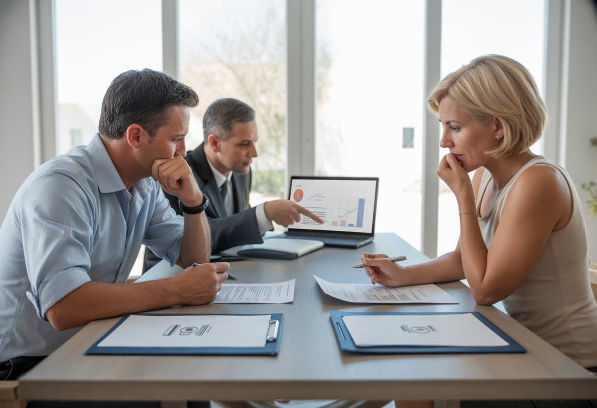 Een echtpaar zit aan een tafel met documenten, terwijl een adviseur uitleg geeft over financiële en juridische zaken rondom scheiding en schulden.