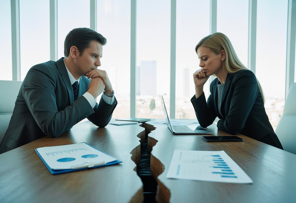 Twee ondernemers zitten tegenover elkaar aan een bureau in een kantoor, met serieuze gezichten en documenten voor zich, wat de gevolgen van een scheiding voor hun bedrijf symboliseert.